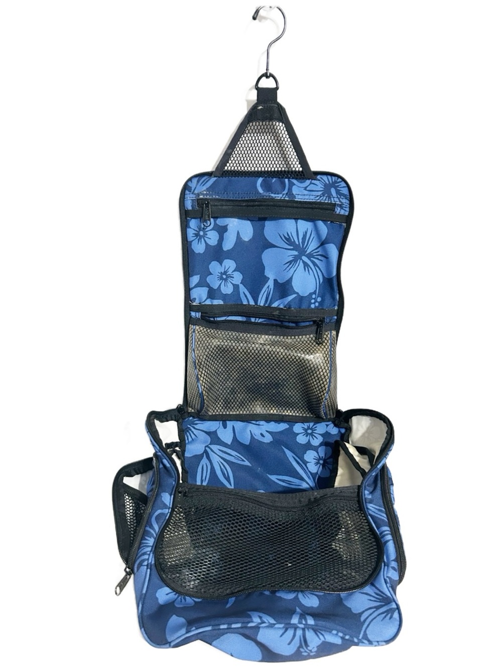 LL Bean Personal Organizer Hanging Travel Toiletry Bag Blue Floral Nylon Pockets